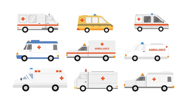 Set van negen ambulances element geïsoleerd op een witte achtergrond
