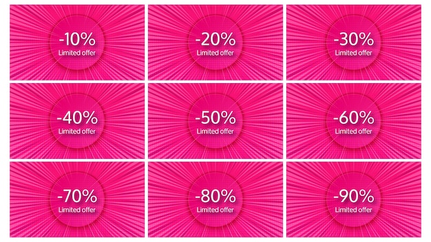 Set van negen beperkte aanbieding roze halftone banners met verschillende percentages van kortingen van 10 tot 90 witte cijfers in roze cirkel op stripboek achtergrond vectorillustratie