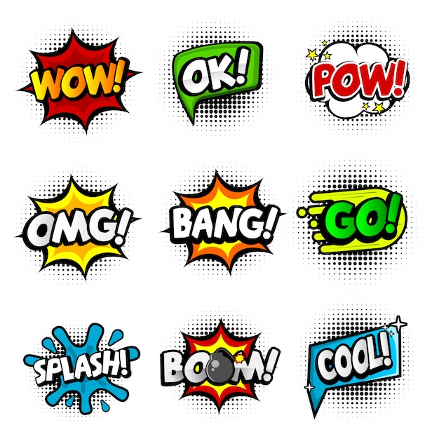 Set van negen verschillende, kleurrijke stickers bij kleurrijke strip. popart-tekstballonnen met wow, ok, pow, omg, bang, go, splash, boem en cool.