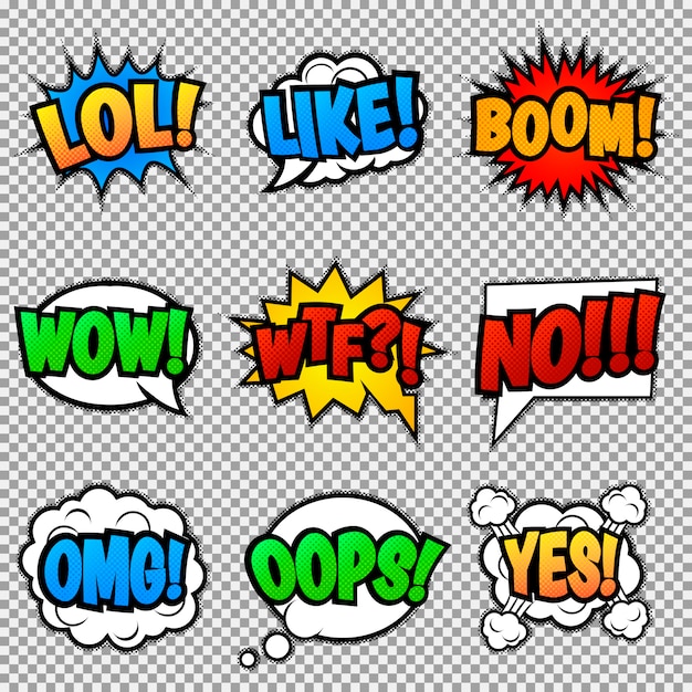 Set van negen verschillende, kleurrijke stickers op kleurrijke strip. Pop-art tekstballonnen met LOL, LIKE, BOOM, WOW, WTF, NO, OMG, OOPS, YES.