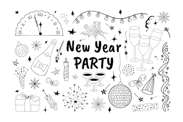 Vector set van new year's party vakantie clipart. handgetekende nieuwjaarsfeest doodle symbolen voor ontwerp