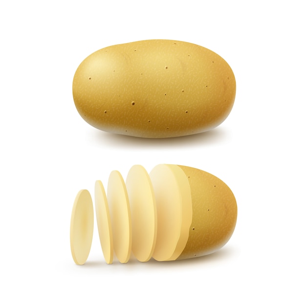 Set van nieuwe gele rauwe hele en gesneden aardappelen close-up geïsoleerd op wit