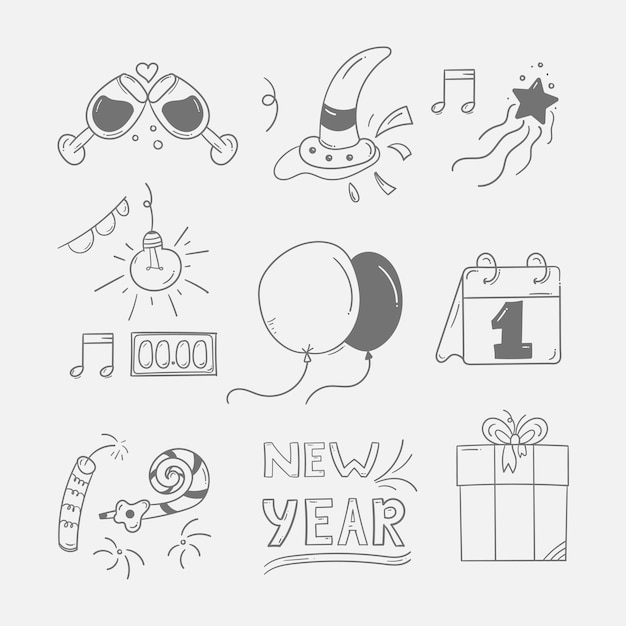 Set van Nieuwjaarsfeest Doodle Icon