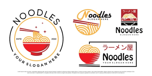 Set van noodle en ramen icon logo-ontwerpbundel met kom en eetstokje Premium Vector