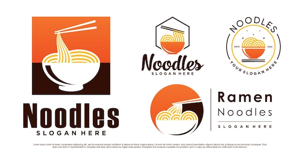 Set van noodle en ramen icon logo-ontwerpbundel met kom en eetstokje Premium Vector
