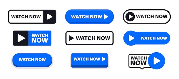 Set van Nu bekijken-knoppen Videoknoppen afspelen in platte stijl Video bekijken Nu afspelen Webmedia Online vertaling Set van vector moderne trendy platte knoppen voor website UI-element Vector illustratie