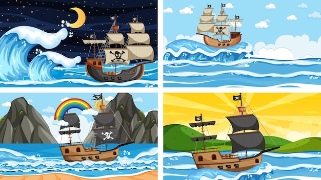 Set van oceaan met piratenschip op verschillende tijdstippen in cartoonstijl
