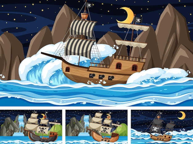 Set van oceaan met piratenschip op verschillende tijdstippen in cartoonstijl