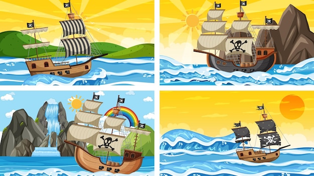 Set van oceaan met piratenschip op verschillende tijdstippen in cartoonstijl