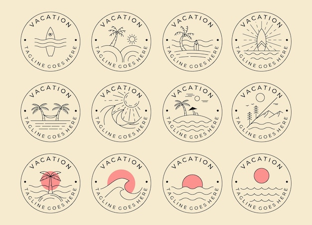 Set van oceaan zomervakantie minimalistische lijn kunst logo badge sjabloon vector illustratie ontwerp