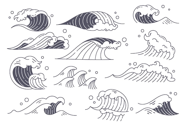 Set van Ocean Wave Doodle Element Vector Illustratie