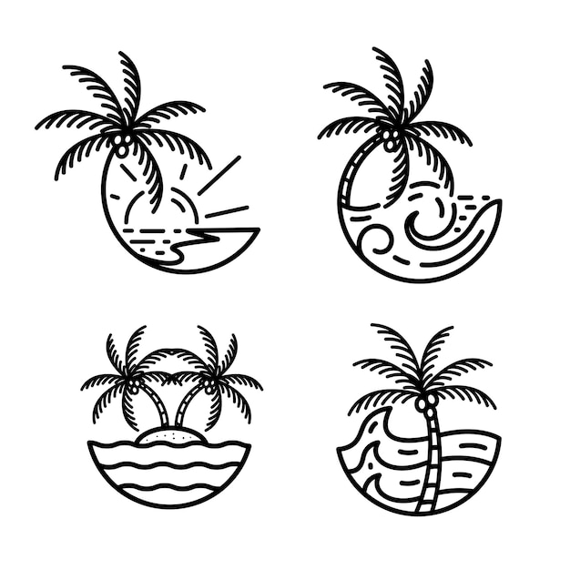 Set van ocean wave tropisch eiland en palmboom logo lijn kunst vector illustratie sjabloon pictogram