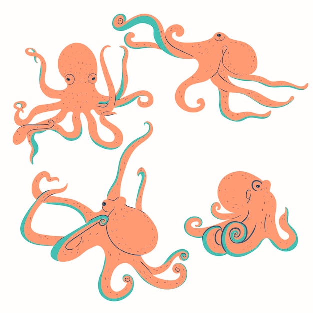 Set van octopussen geïsoleerd op een witte achtergrond. Vectorafbeeldingen.