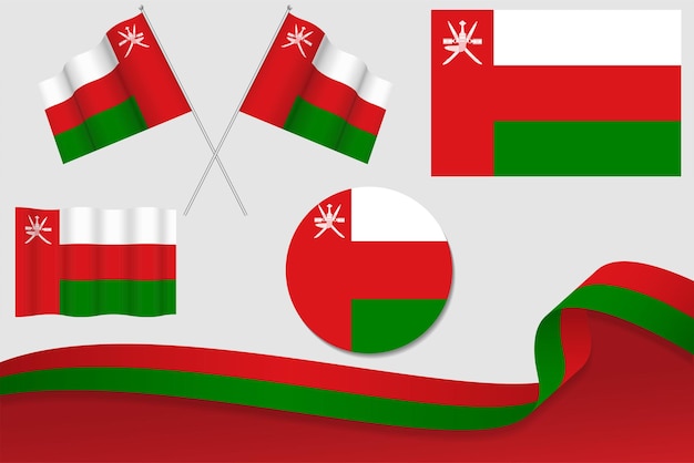 Set van Oman vlaggen in verschillende ontwerpen pictogram Flaying vlaggen met lint met achtergrond
