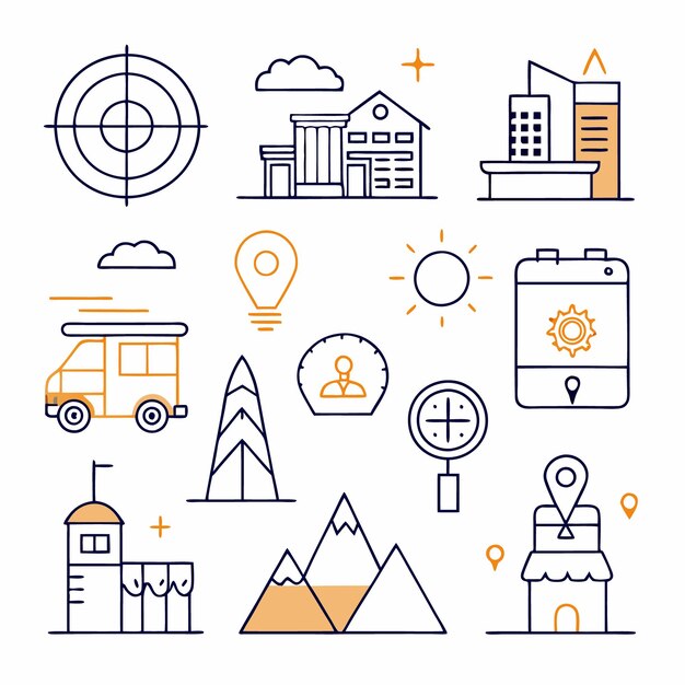 Set van omschreven pictogrammen voor app-ontwikkeling zakelijke reizen en locatie