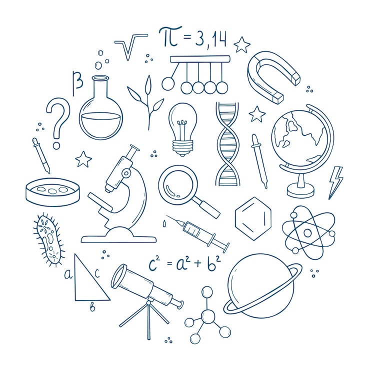 Vector set van onderwijs en wetenschap doodle formules in wiskunde en scheikunde laboratoriumapparatuur in schets stijl hand getrokken vectorillustratie