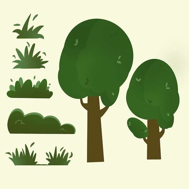 set van ontwerpelementen van de natuur fragmenten van groen gras en bomen vector illustratie