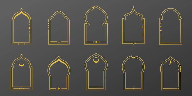 Set van oosterse stijl arabische gouden randen en frames Collectie van lineaire stijl islamitische ramen deuren in boho stijl Arabische minimale vorm boog Gouden ontwerp element voor ontwerp Ramadan kareem