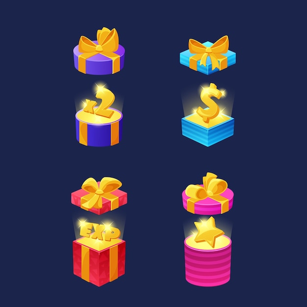 Set van open verrassingsdozen met cadeau- en spelactiva Geïsoleerde kleurrijke pakketten versierd met lintbogen en ster