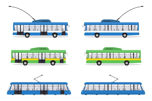 Set van openbaar vervoer met tram bus trolleybus geïsoleerde vectorillustratie