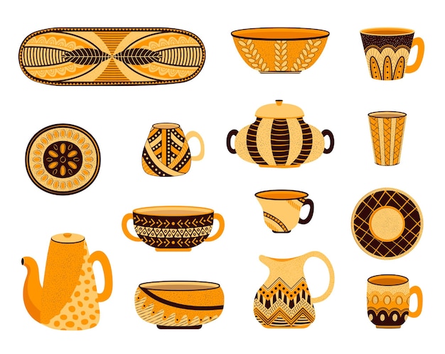 Vector set van oranje handgemaakte aardewerk platte vectorillustratie schoon decoratief servies