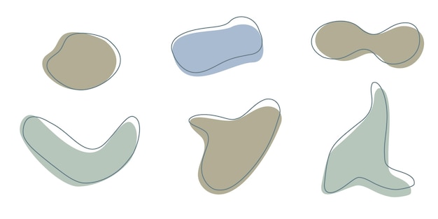 Vector set van organische onregelmatige blob vormen met strokelijn blauw grijze willekeurige vervormde plek vloeistof cirkel geïsoleerd op witte achtergrond organische amoeba doodle elementen abstracte afgeronde vormen vector illustratie