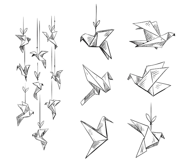 Set van origami vogels, vector schets