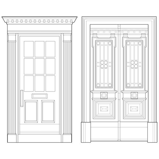 Set van oude deur lijn vector kunst oude deur geïsoleerd op witte achtergrond oude deur in lijn kunststijl vector voor kleurboek