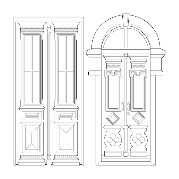 Set van oude deur lijn vector kunst Oude deur geïsoleerd op witte achtergrond oude deur in lijn kunststijl vector voor kleurboek