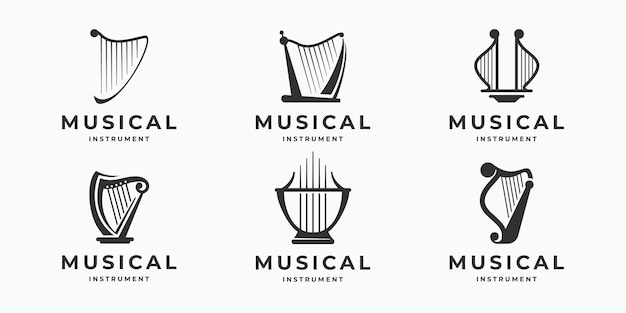 Set van oude lier logo design icoon geïsoleerd op witte achtergrond gouden harp logotype inspiratie