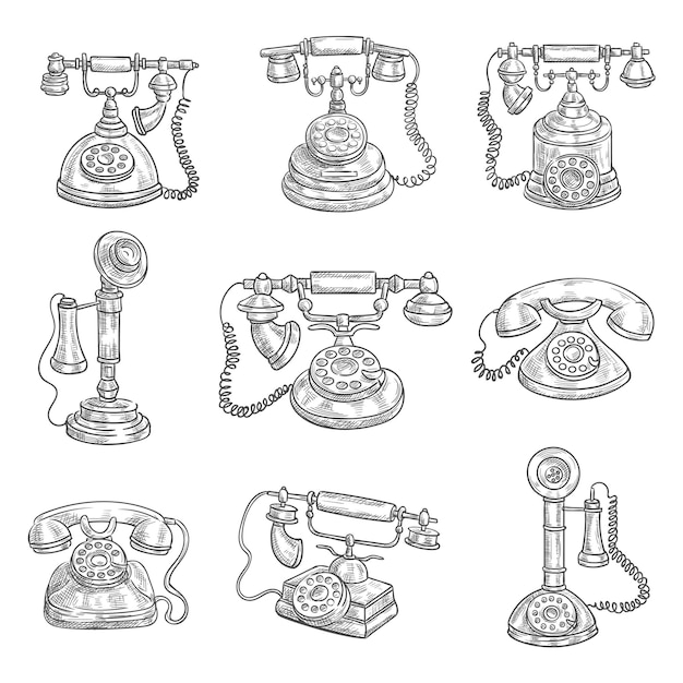 Vector set van oude vintage retro telefoons geïsoleerd op wit