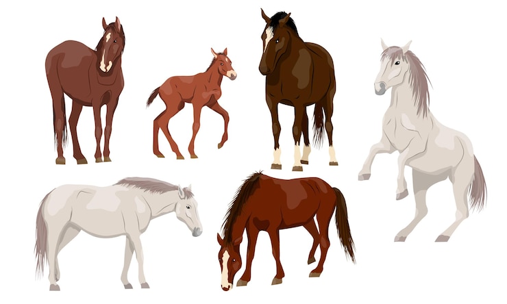Vector set van paarden in bruin en wit equus ferus caballus vrouwtjes mannetjes en veulens