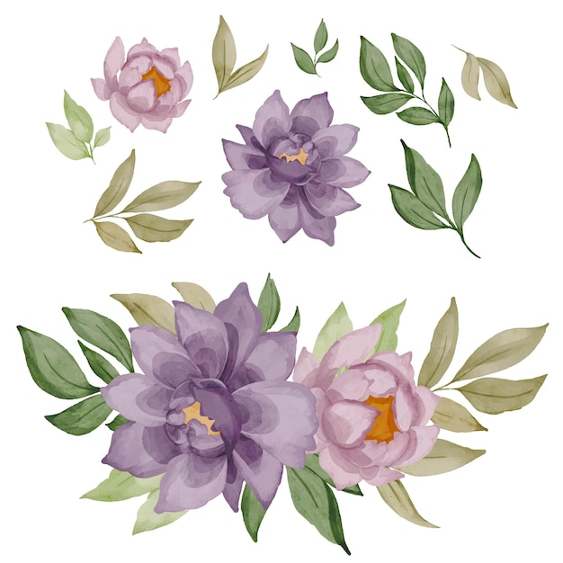 Set van paarse roos boeket geïsoleerde clipart