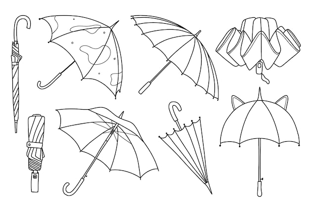 Set van paraplu in doodle stijl geïsoleerd op witte achtergrond Paraplu seizoen Lineaire open paraplu Vector illustratie