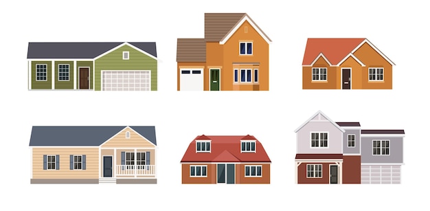 Set van particuliere gebouwen van verschillende vorm op witte achtergrond Vector woonhuizen van de stad of dorpen in platte stijl