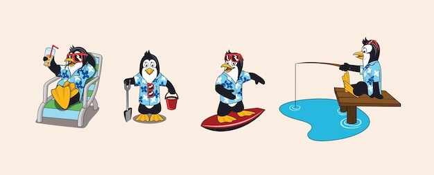 Vector set van penguin stripfiguur op het strand 4 poses ontwerp illustratie