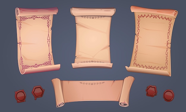 Set van pergamentrollen Oude pergamentrollen set van waszegels Scroll sjabloon versleten papier pergament papyrus Decoratief kader patroon antiek ornament Fantasy cartoon dingen geïsoleerde vector set