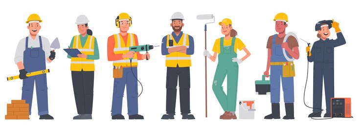 Vector set van personages mannen vrouwen werkende beroepen bouwers uniform beschermend vest helm_ai_generated