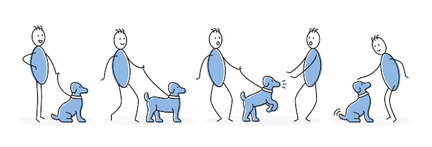 Set van persoon wandelen met hond vector. Doodle stickman symbool illustratie.