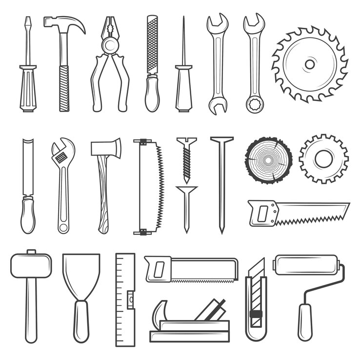 Vector set van pictogram extra lijnstijl voor timmerwerk service reparatie service houthakker zagerij en houtwerk geïsoleerd op witte achtergrond vectorillustratie