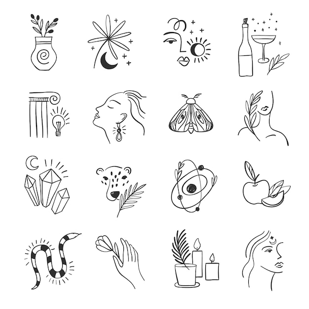 Vector set van pictogram voor sociale media. trendy bloemen en alchemie. lineaire elementen.