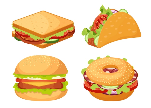 Set van pictogrammen Fastfood, afhaalmaaltijden Junk Food Burger, Sandwich, Tex Mex Tacos Snack geïsoleerd op witte achtergrond