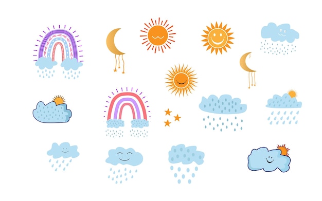 set van pictogrammen hemel bewolkt en regenboog zon grappig gezicht emoji of maan illustratie