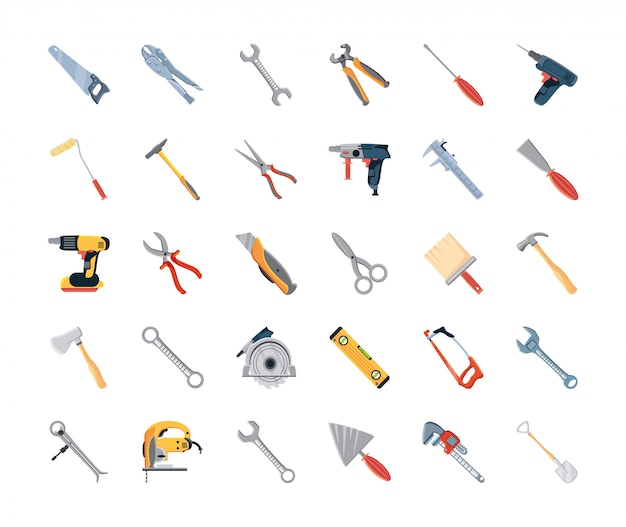 Set van pictogrammen met hulpmiddelen van de bouw en timmerwerk