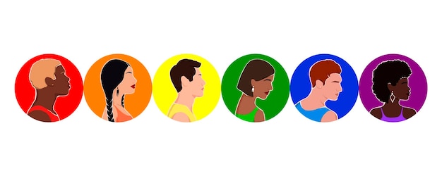 Set van pictogrammen met mensen van verschillende etnische groepen in regenboogvlekken LGBT-gemeenschap mensenrechten LGBTQ Flat illustratie trots maand