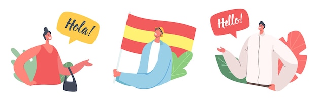 Set van pictogrammen met tekens spreken op de Spaanse taal. Mensen met de vlag van Spanje, leraren of studenten zeggen Hola of Hallo, chatten en communiceren. Espanol les onderwijs. Cartoon vectorillustratie