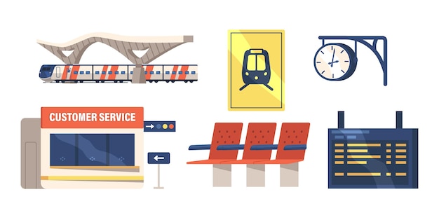 Set van pictogrammen treinstation gebouw, klantenservice stand en digitale schema Display, klok, kunststof stoelen, elektrische trein, platform, geïsoleerd op een witte achtergrond. Cartoon vectorillustratie