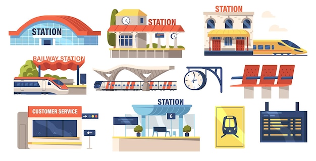 Vector set van pictogrammen treinstation gebouw, kunststof stoelen, elektrische trein, platform, klantenservice stand en digitale schema display, klok geïsoleerd op een witte achtergrond. cartoon vectorillustratie