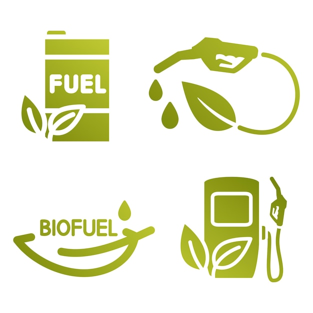 Vector set van pictogrammen voor biobrandstof tankstation pomp mondstuk olie vat gas diesel of benzine apparatuur milieuvriendelijke industriële omgeving en alternatieve energie symbool