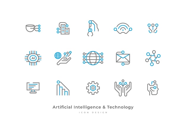 Set van pictogrammen voor kunstmatige intelligentie en technologie met eenvoudige lijnstijl bevat computerverbinding netwerkgegevens printplaat en meer